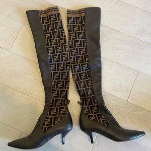 Fendi Rockoco thigh high knit kitten heel boots